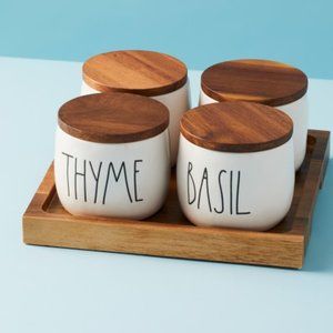 Rae Dunn Set of 4 Ceramic Spice Storage Jars with Wooden Tray